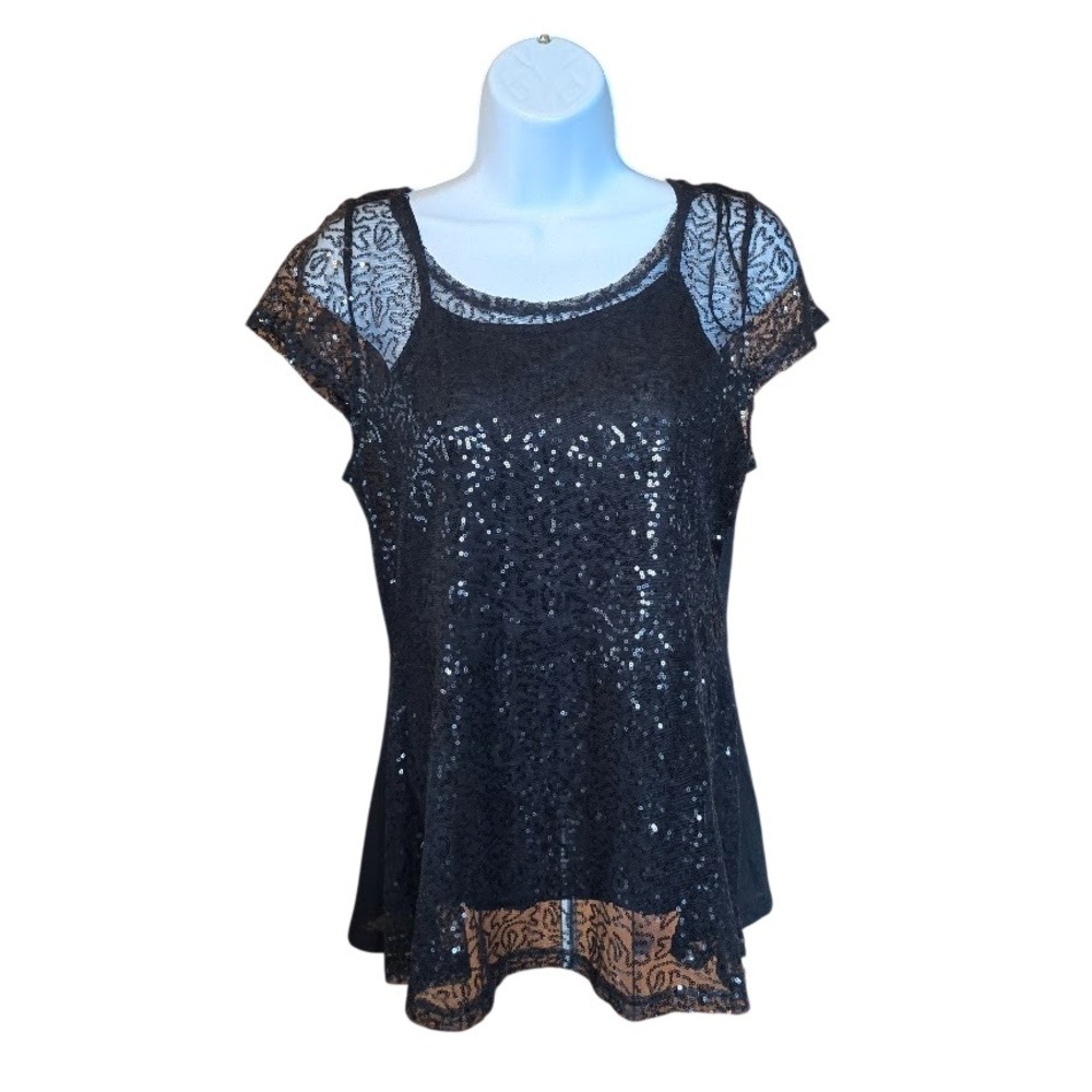 QED London Sequin Lace Top Women M Black Layers Glam Cocktail Party Night Out